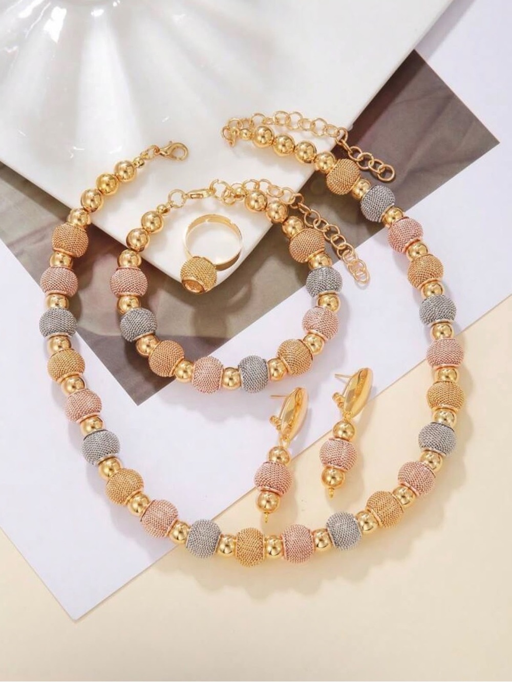 Tricolor Gold, Rose Gold & Silver Beaded Jewelry Set